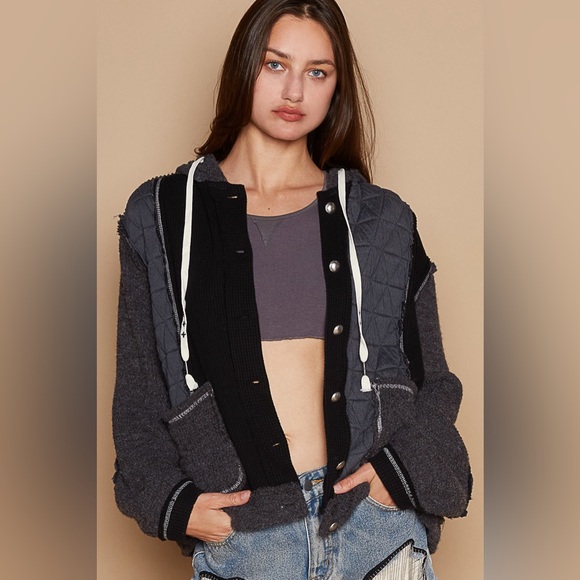 POL Shacket/ Mixed Print Hooded Button Up - Picture 1 of 3